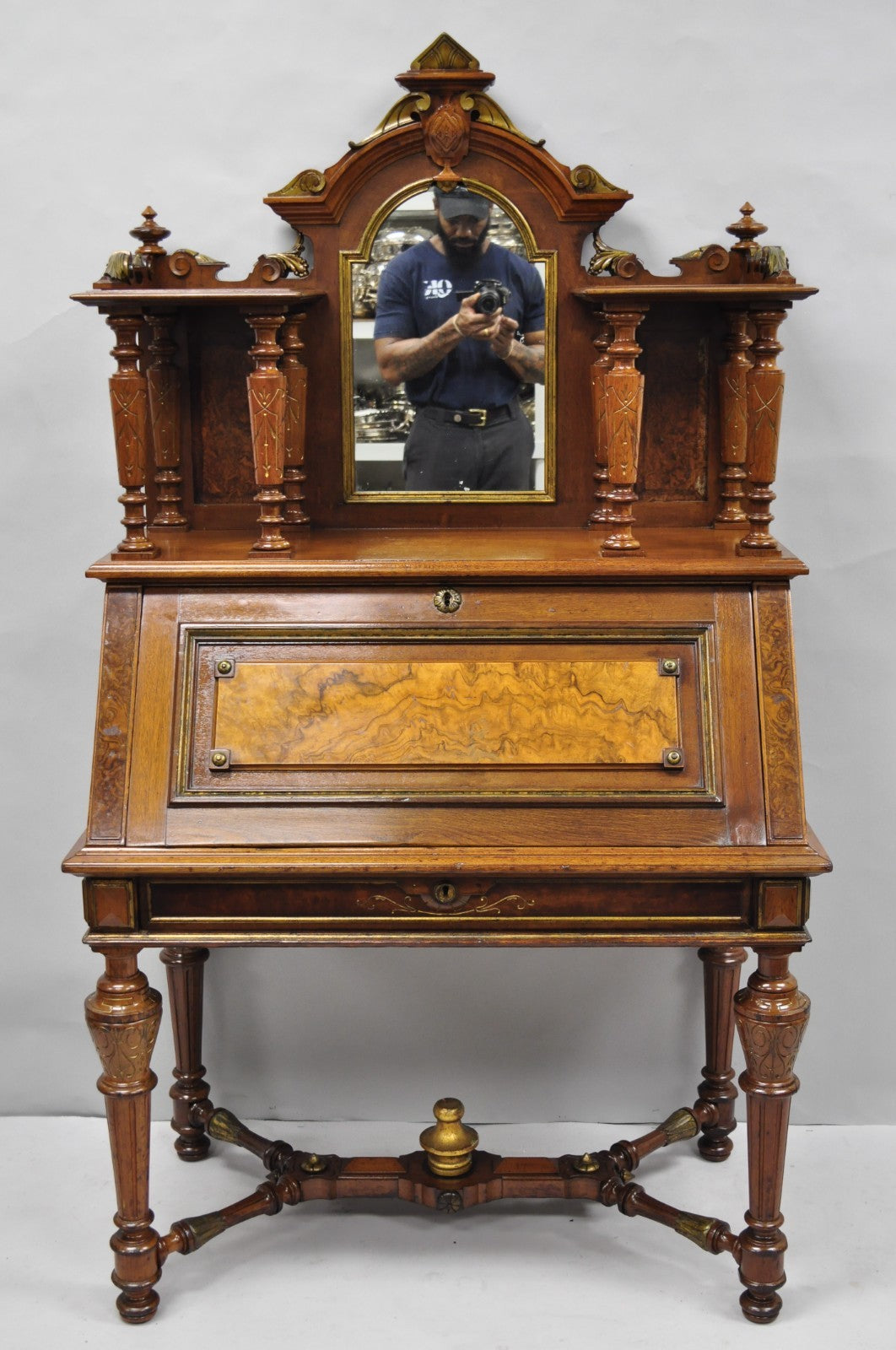 Antique Victorian Burl Walnut Slant Front Secretary Writing Desk with Mirror