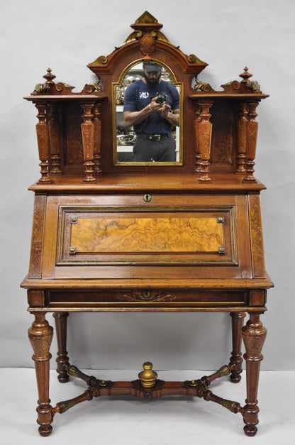 Antique Victorian Burl Walnut Slant Front Secretary Writing Desk with Mirror