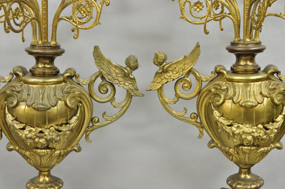 Large Antique French Rococo Louis XV Figural Cherub Bronze Candelabra Lamps Pair