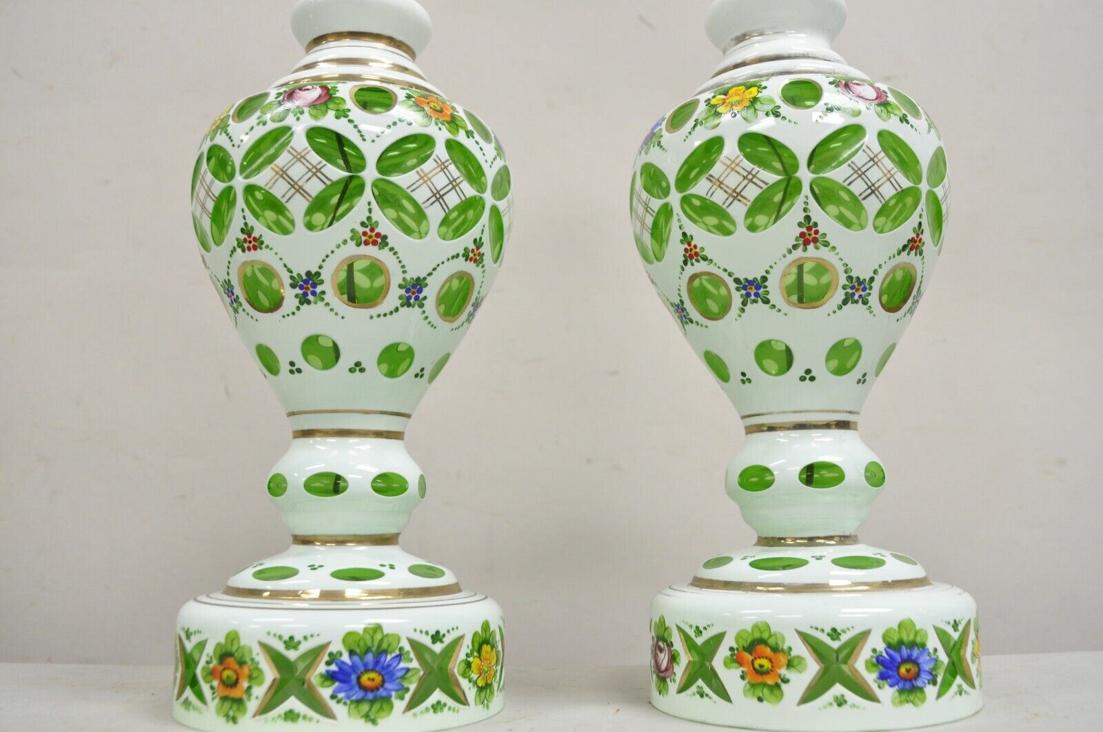 Antique Czech Bohemian Glass Emerald Green Flower Painted Table Lamps - a Pair