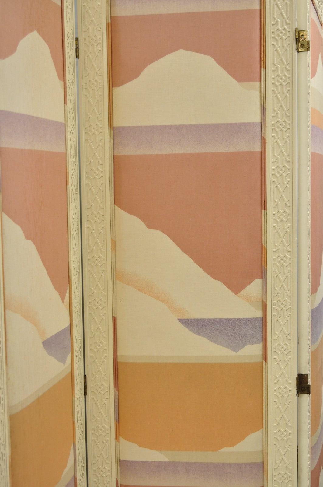 Vintage Oriental Fretwork Bone Lacquer Upholstered 6 Panel Room Divider Screen