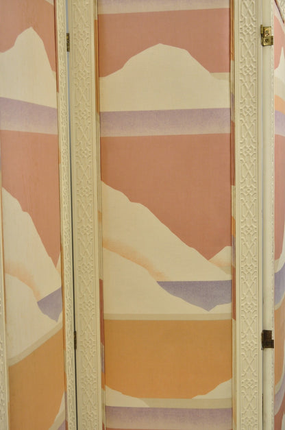 Vintage Oriental Fretwork Bone Lacquer Upholstered 6 Panel Room Divider Screen