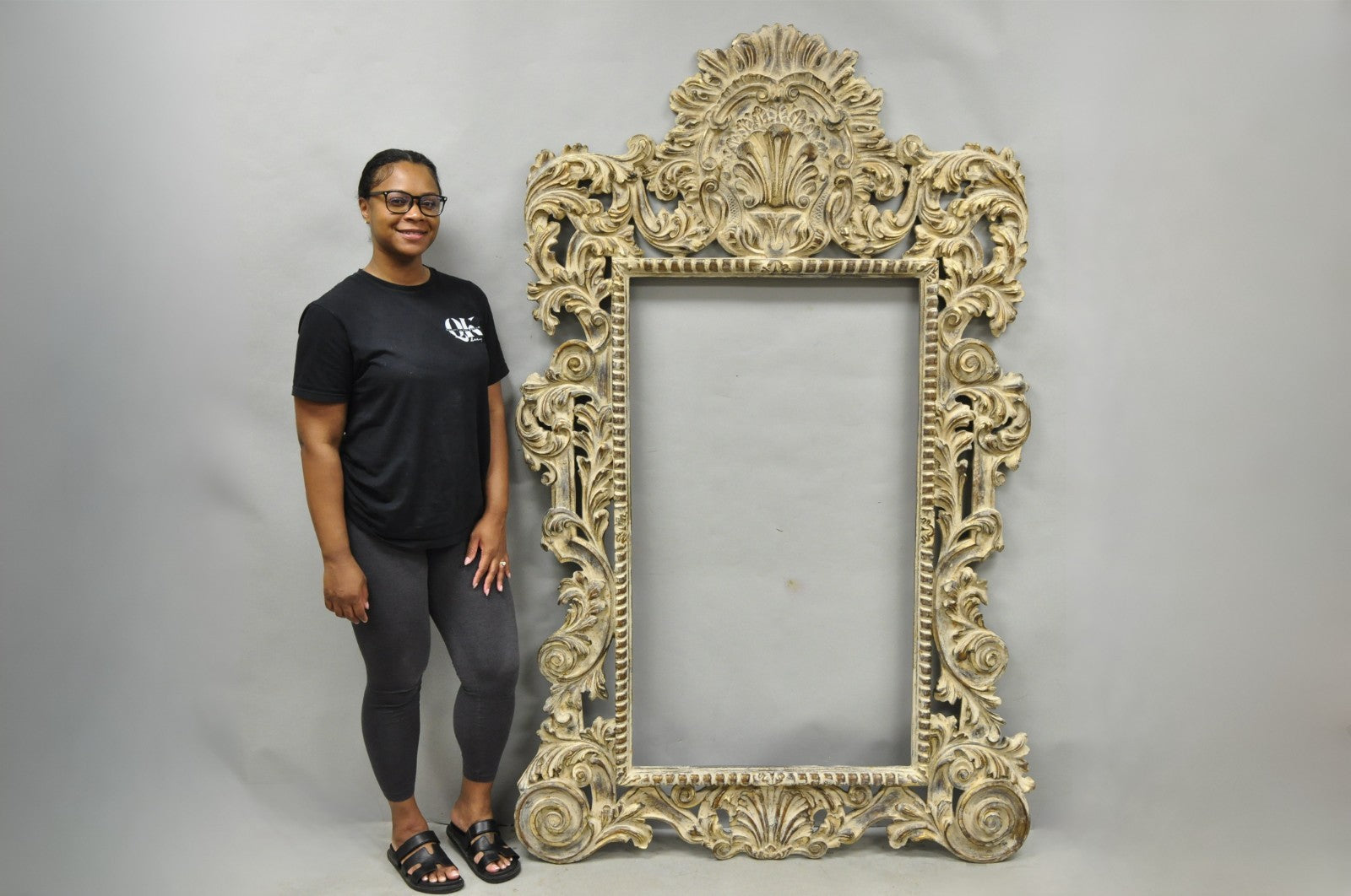 Large 78" Italian Baroque Rococo White Distress Painted Mirror Art Picture Frame