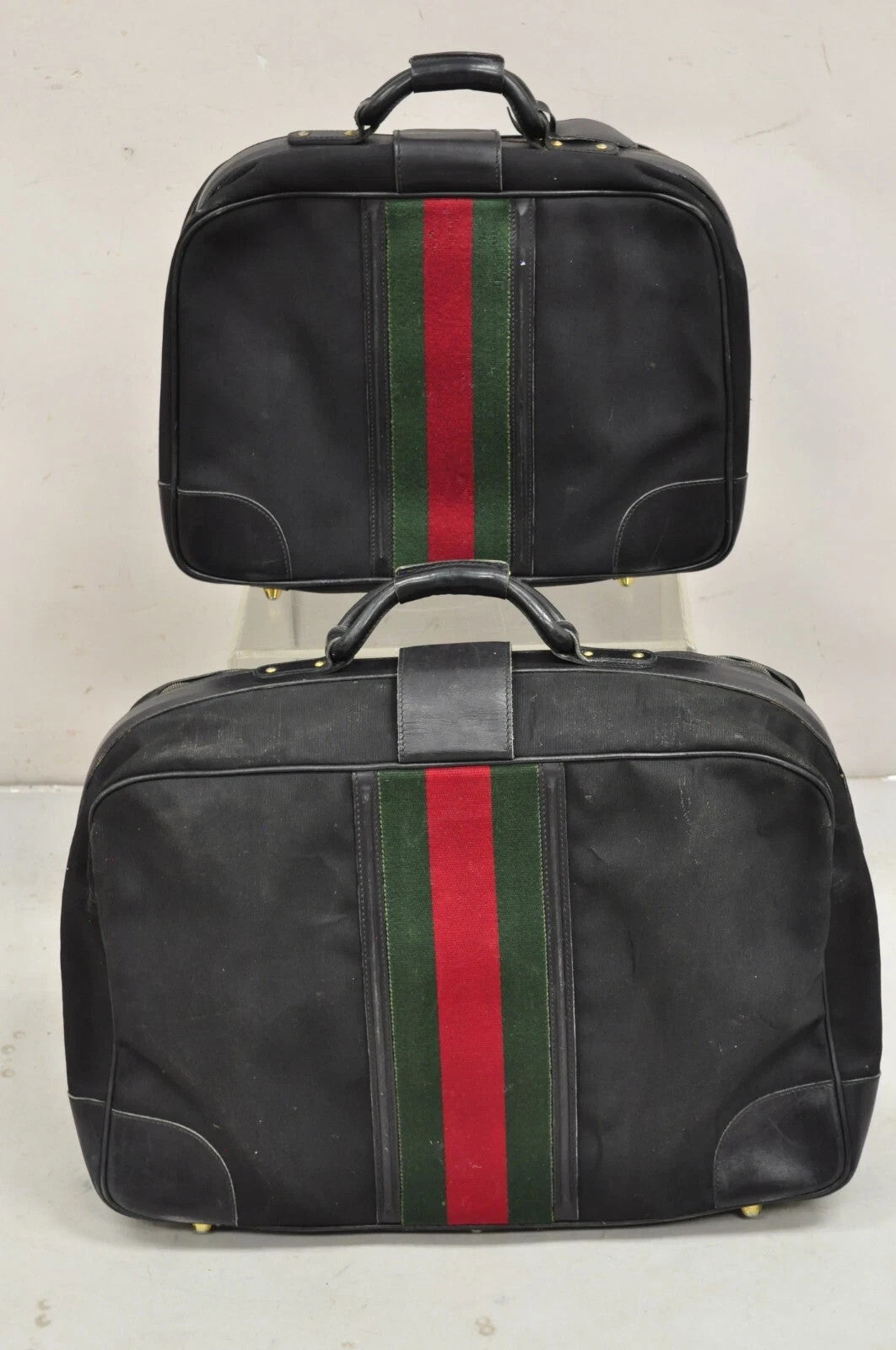 Vintage Gucci Black Canvas & Leather Suitcase Luggage Travel Bag Set - 2 Pcs