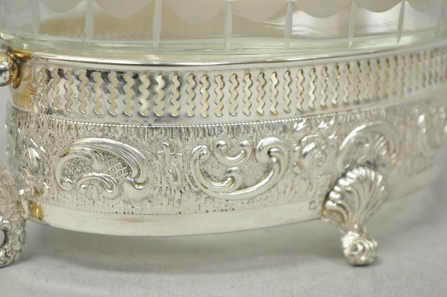 Vintage Italian Regency Silver Plated Dolphin Handle Glass Candy Dish Jardiniere