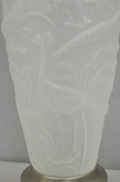 Vintage Chinoiserie Raised Satin Glass Tropical Birds Art Nouveau Table Lamp