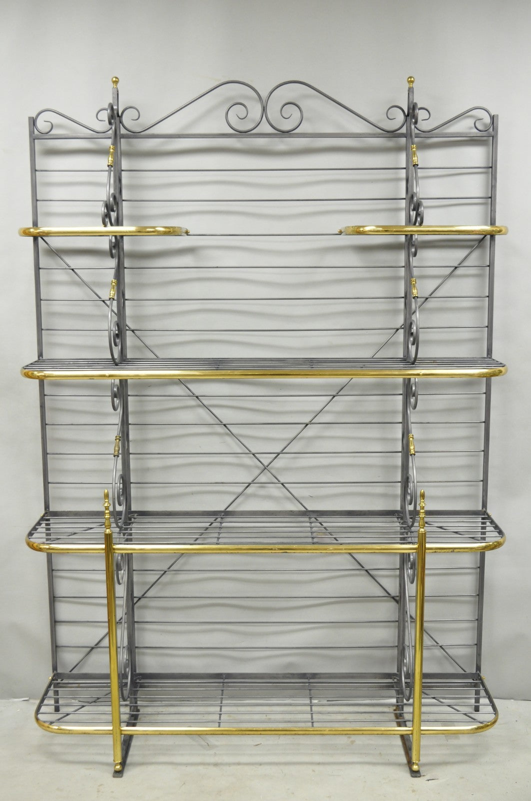 Vintage French Country Wrought Iron & Brass Kitchen Bakers Rack Bookcase Etagere