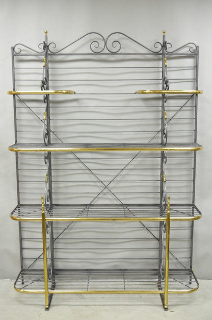Vintage French Country Wrought Iron & Brass Kitchen Bakers Rack Bookcase Etagere