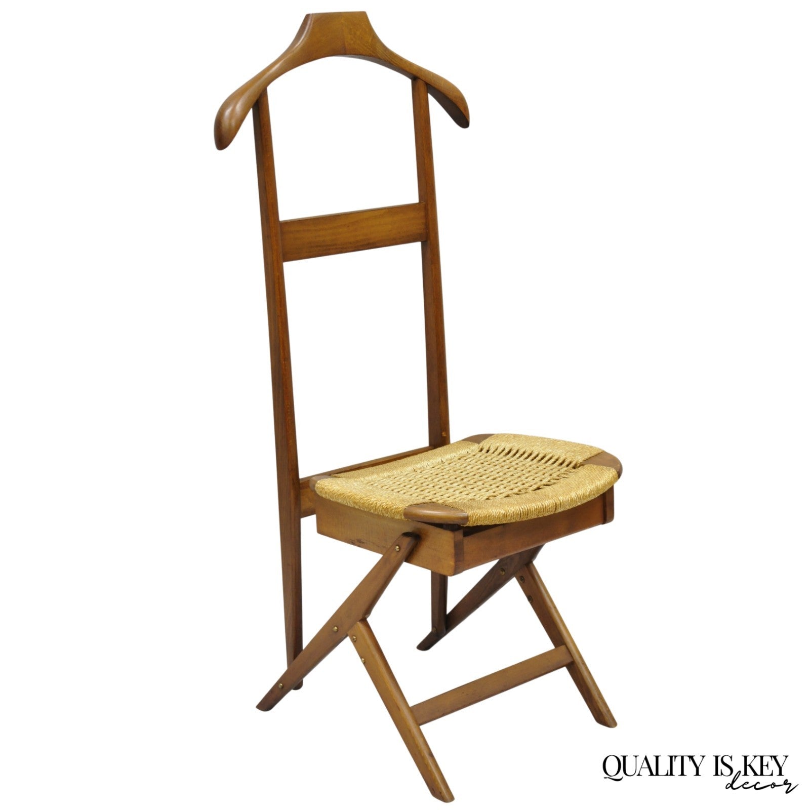 Vintage Mid Century Italian Modern Beech Wood Clothing Valet Chair Seat (A)