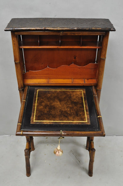 Antique English Victorian Bamboo Chinoiserie Compact Fall Front Secretary Desk