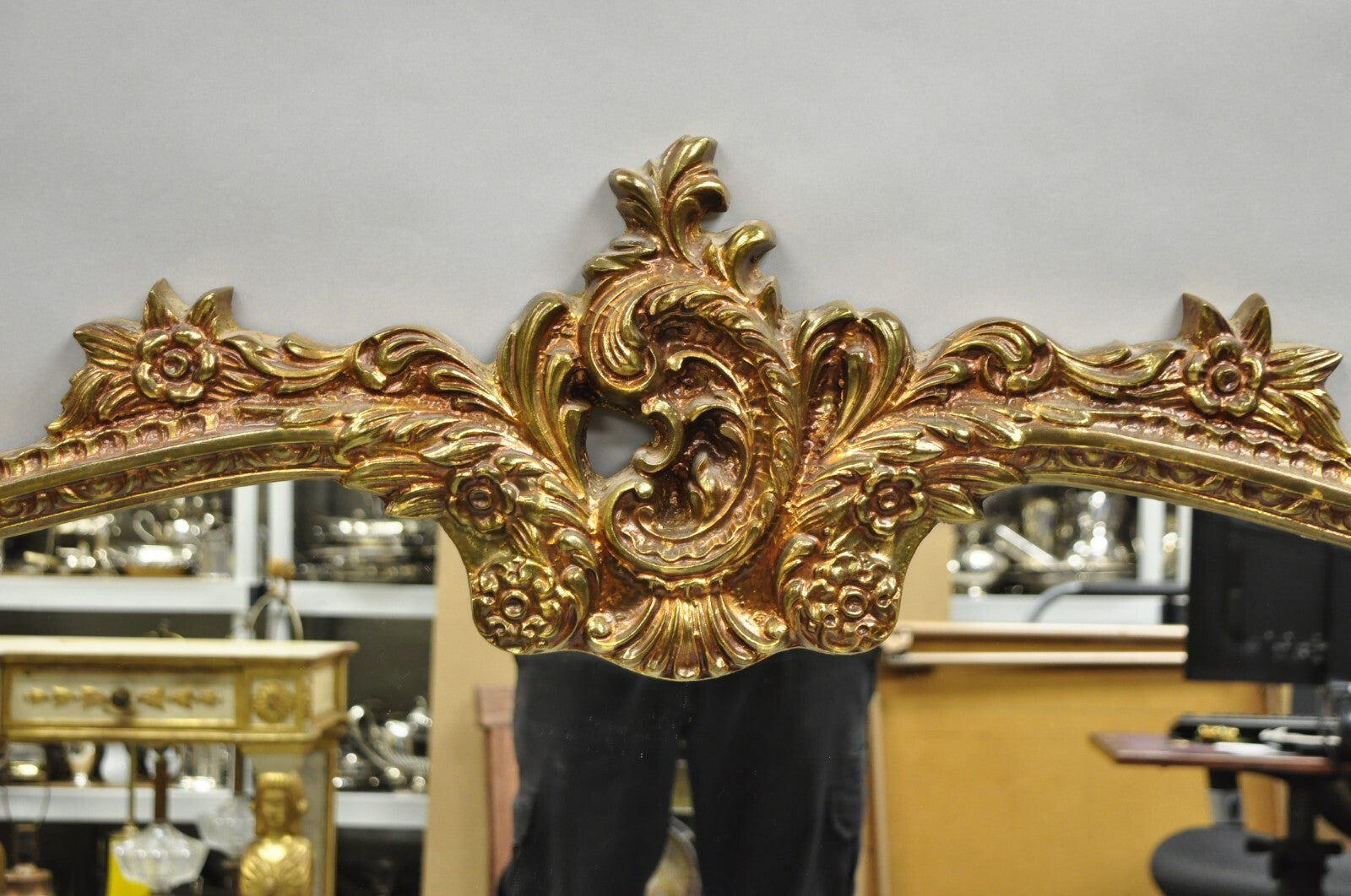 Vintage French Rococo Large Gold Wall Mirror with Bisque Figural Lovers Plaques