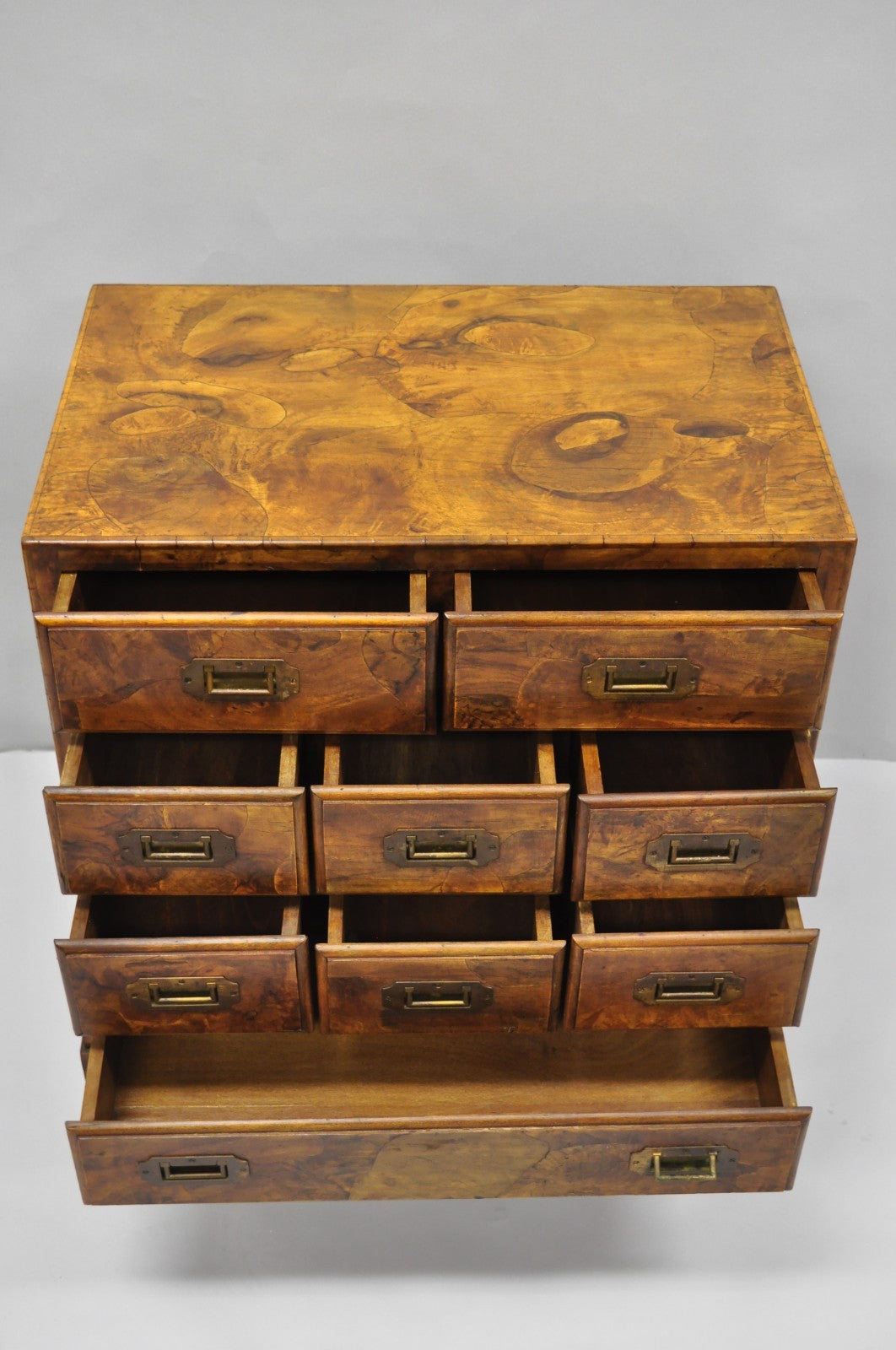 Vintage Italian Olive Wood Veneer Campaign Chest of Drawers Cabinet Side Table