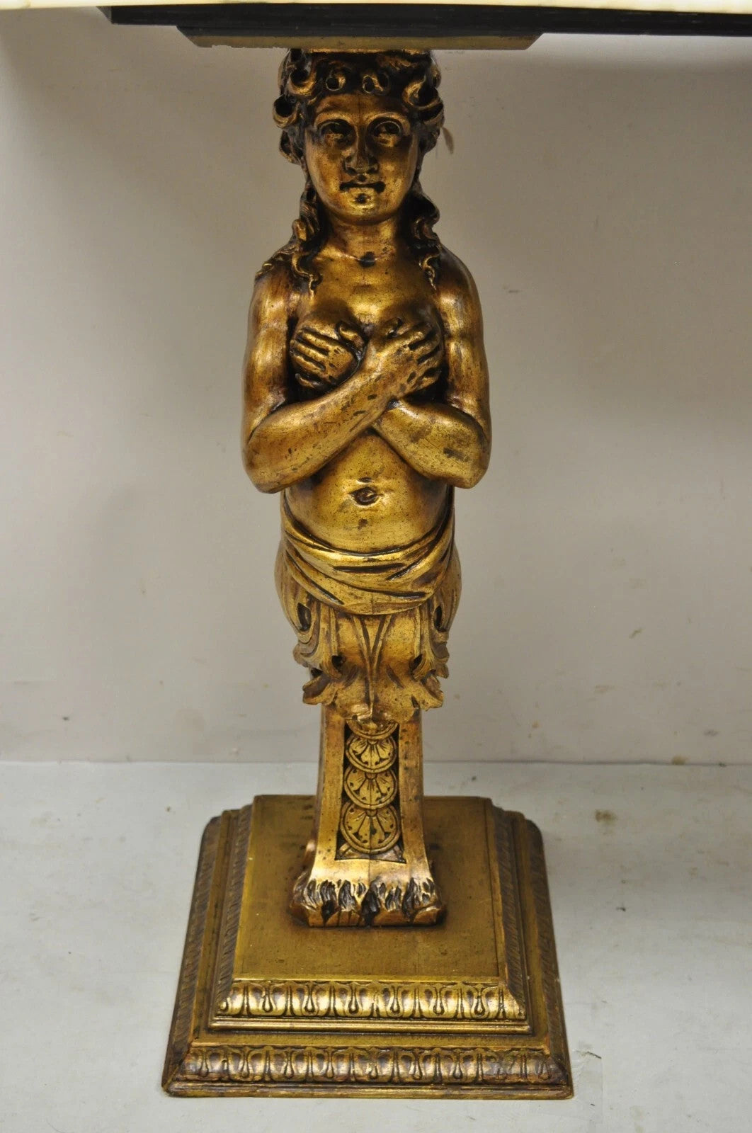 Vintage French Renaissance Victorian Style Gold Figural Marble Top Console Table