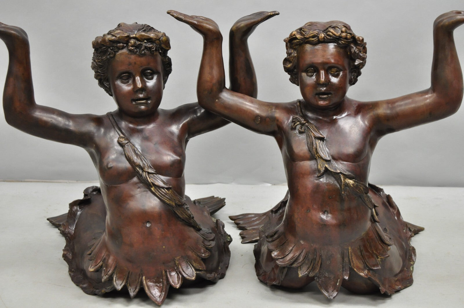 Vintage French Neoclassical Figural Bronze Merman Mermaid Glass Top Coffee Table