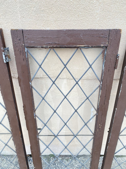 Antique Arts & Crafts Diamond Lattice Leaded Glass Windows in Frame - Set of 4