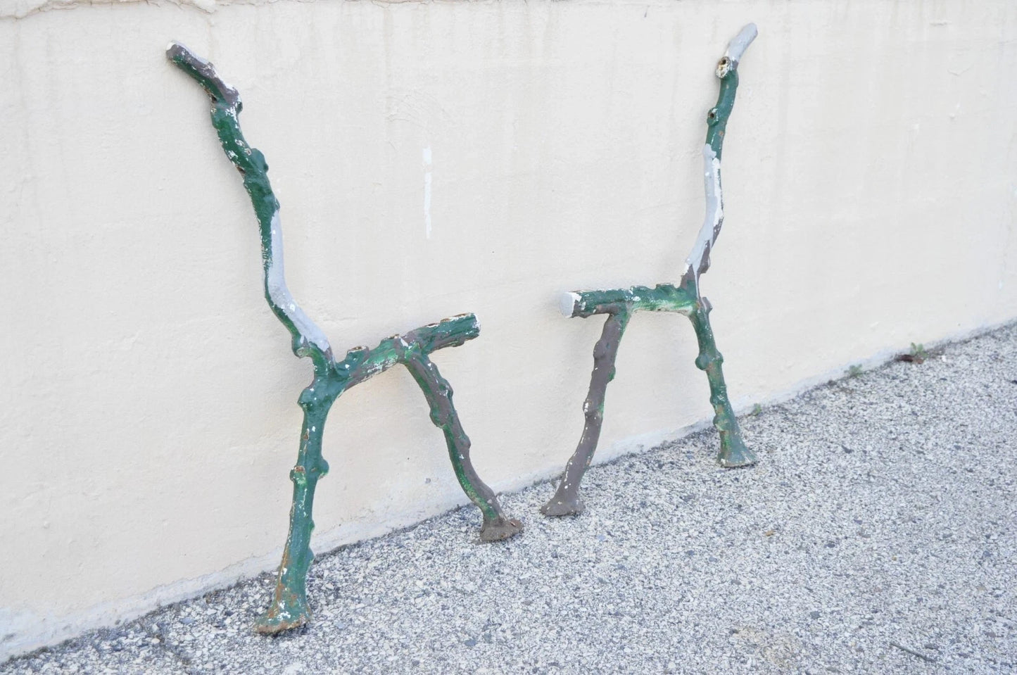 Antique Victorian Cast Iron Faux Bois Green Branch Twig Garden Bench Legs - Pair