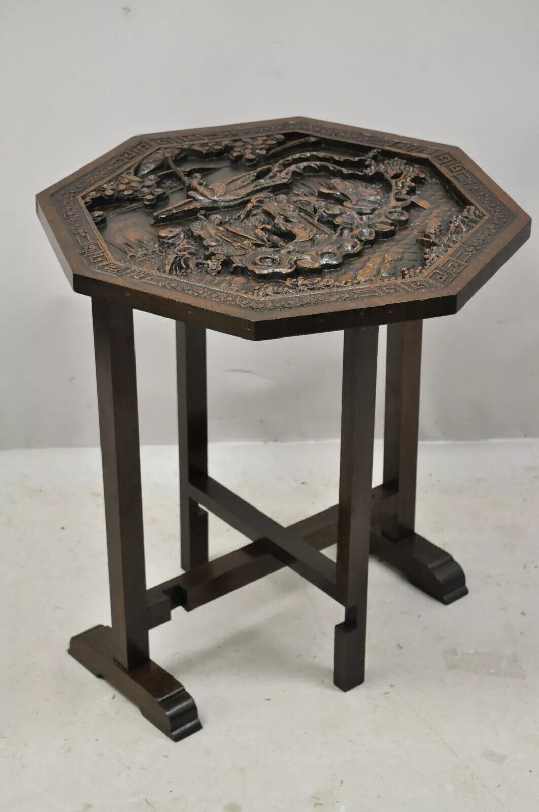 Antique Chinese Carved Hardwood Folding Gate Leg Table with Figural Carvings