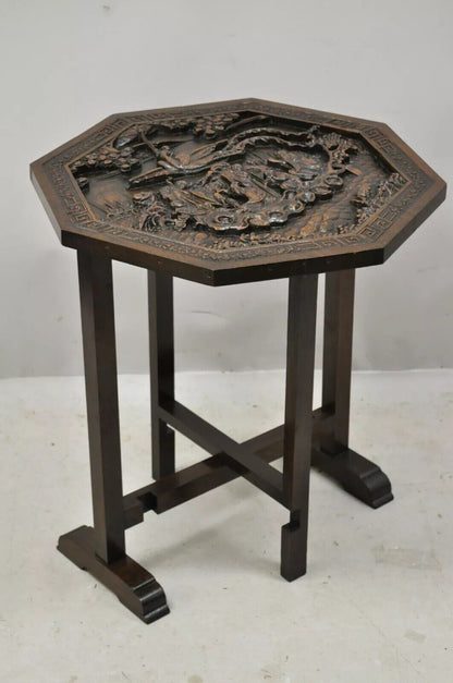 Antique Chinese Carved Hardwood Folding Gate Leg Table with Figural Carvings