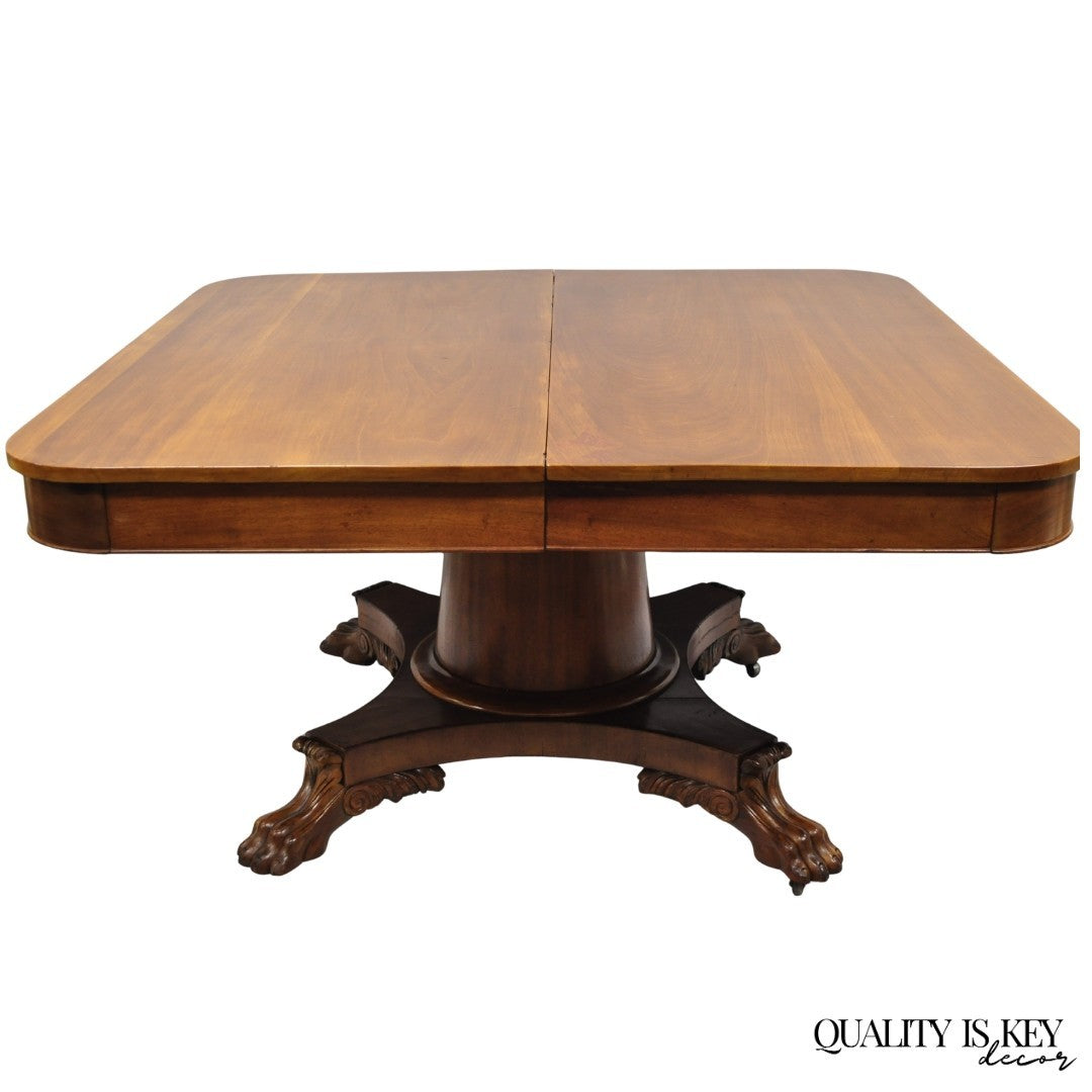 Antique American Empire 54" Square Mahogany Paw Foot Pedestal Base Dining Table