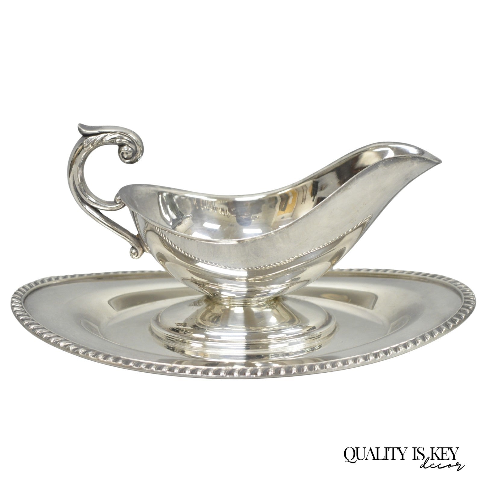 Vintage Crescent Victorian Silver Plated Gravy Sauce Boat on Attached Dish Plate