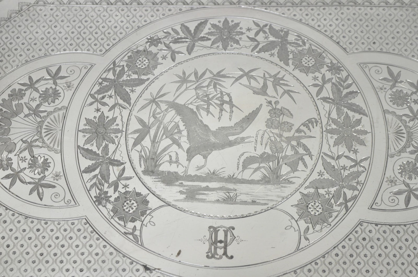 Antique Rogers Smith & Co Art Nouveau Large Silver Plated Crane Bird Etched Tray