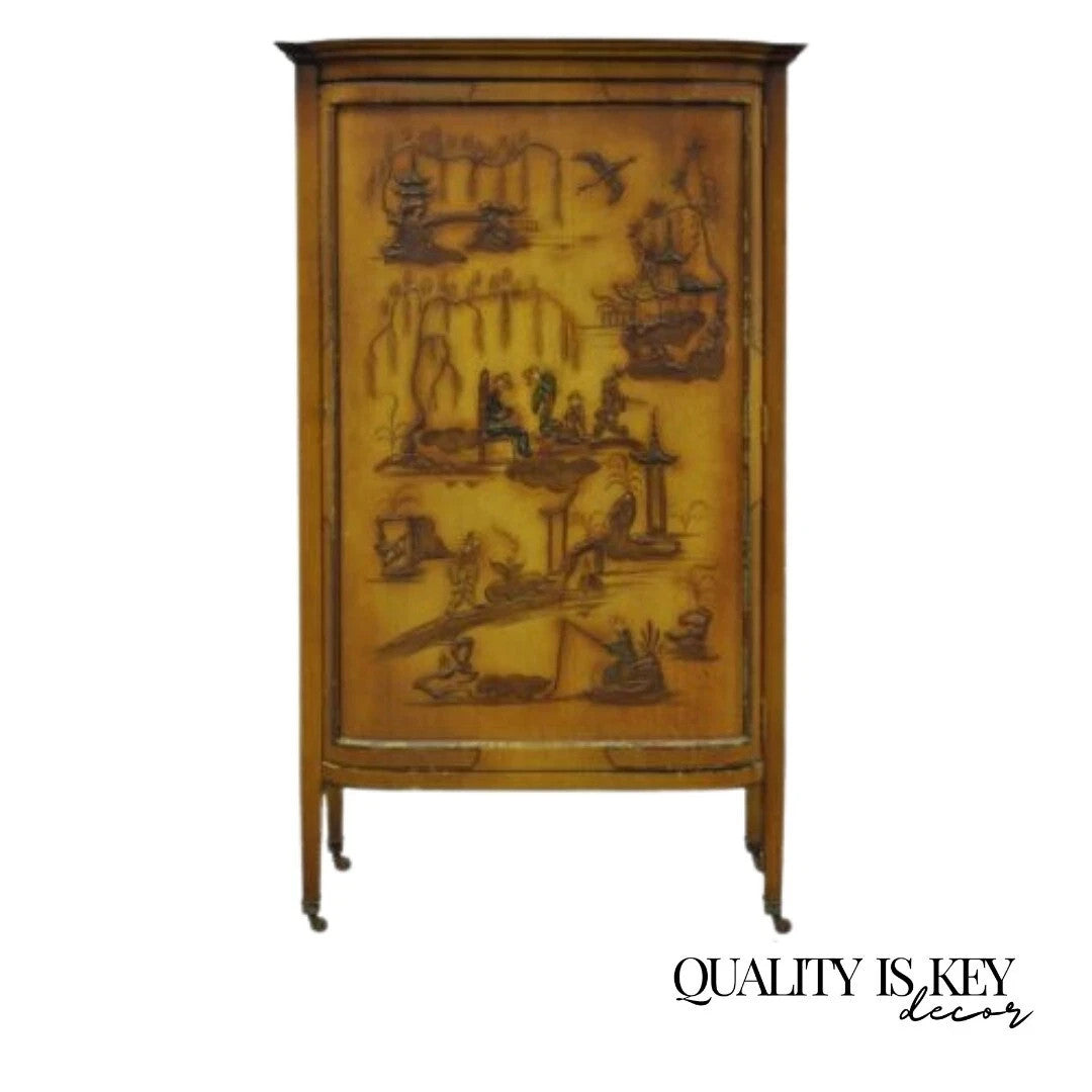 Antique Oriental Chinese Asian Lacquered Figural Painted China Cabinet Curio