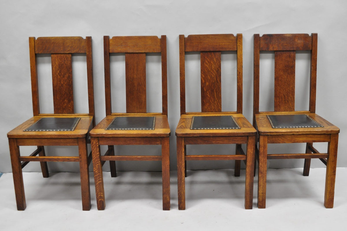 Antique Mission Oak Arts & Crafts T-Back Limbert Style Dining Chairs - Set of 4