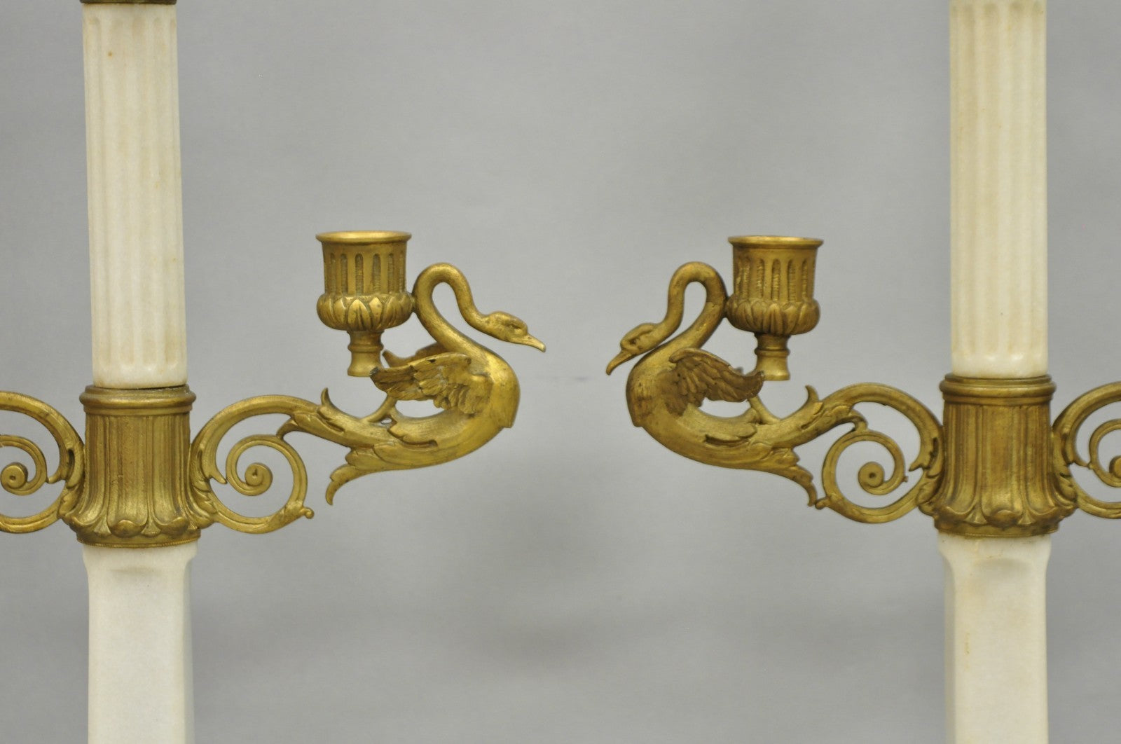 Antique French Neoclassical Bronze Swans Cherub Marble Column Candelabras - Pair