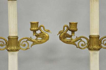 Antique French Neoclassical Bronze Swans Cherub Marble Column Candelabras - Pair