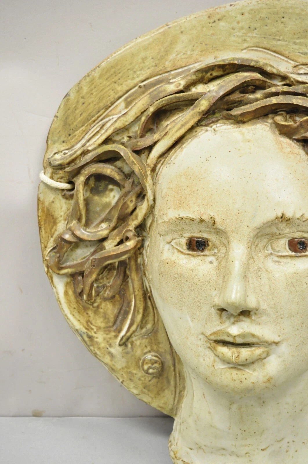 Vintage Mid Century Modern Artisan Studio Crafted Ceramic Self Portrait Wall Art