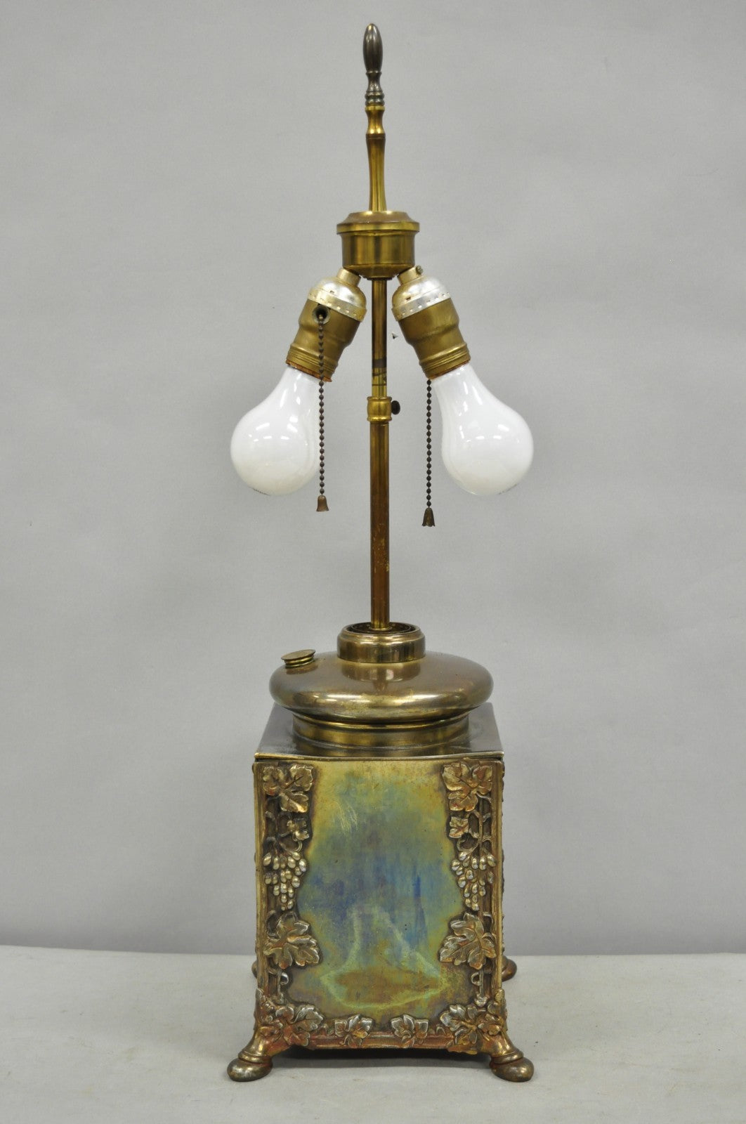 Antique French Art Nouveau Brass Maple Leaf Converted Oil Lamp Table Lamp
