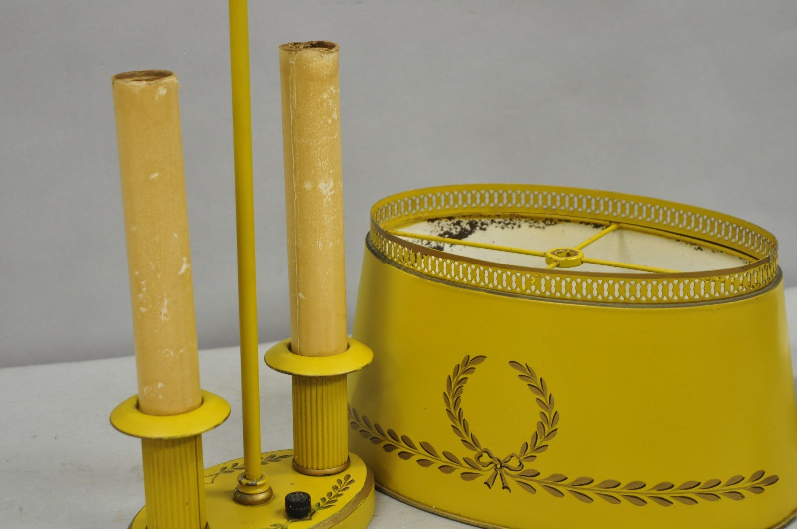 French Country Yellow Painted Tole Metal Bouillotte Candlestick Table Lamp