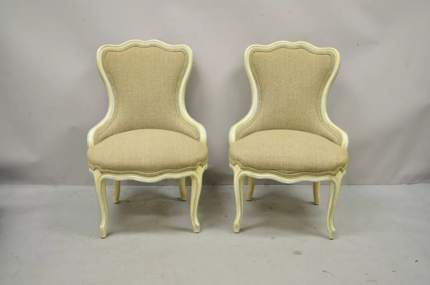 Vintage French Provincial Louis XV Cream Blue Boudoir Slipper Chairs - a Pair
