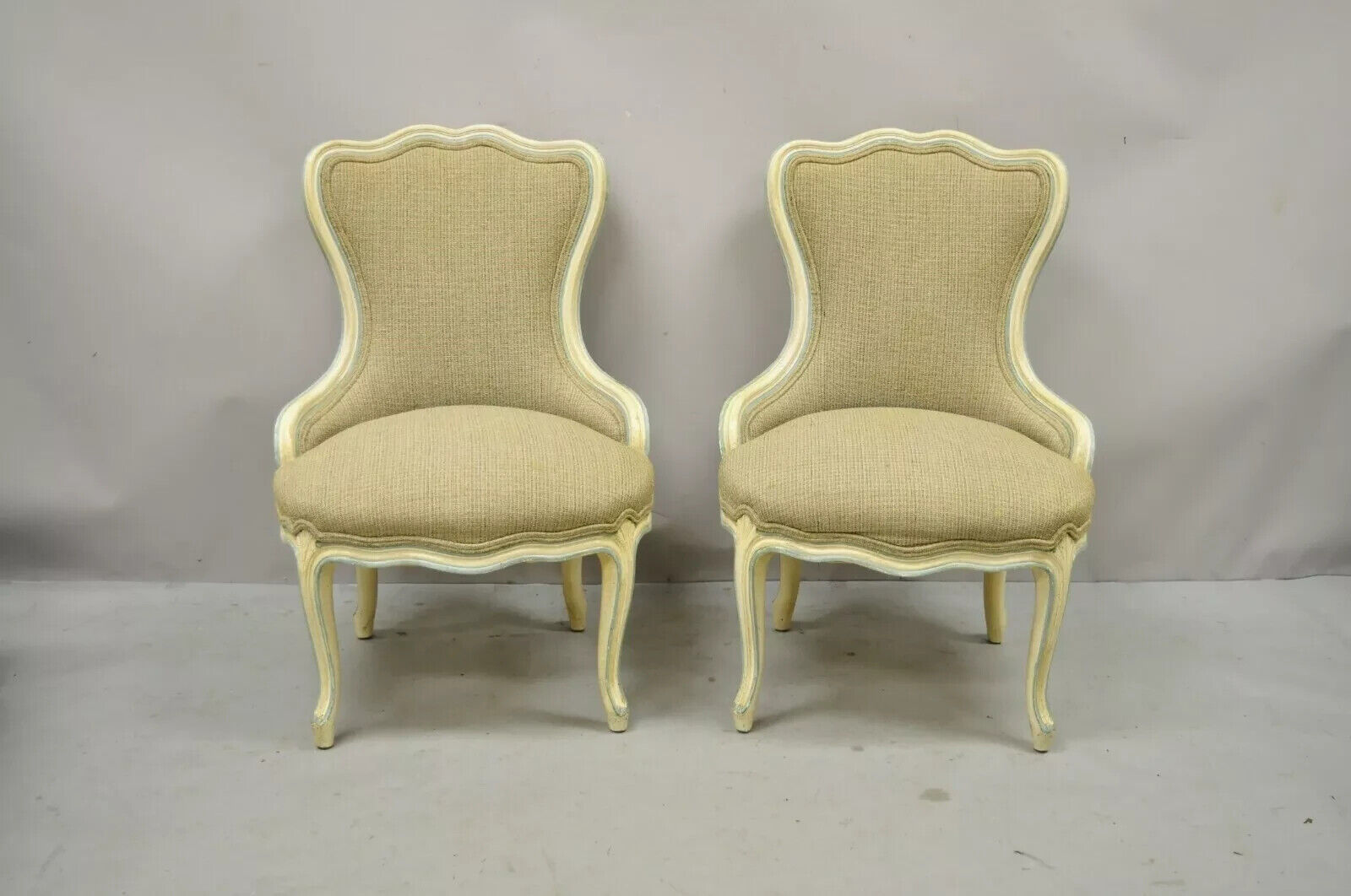 Vintage French Provincial Louis XV Cream Blue Boudoir Slipper Chairs - a Pair
