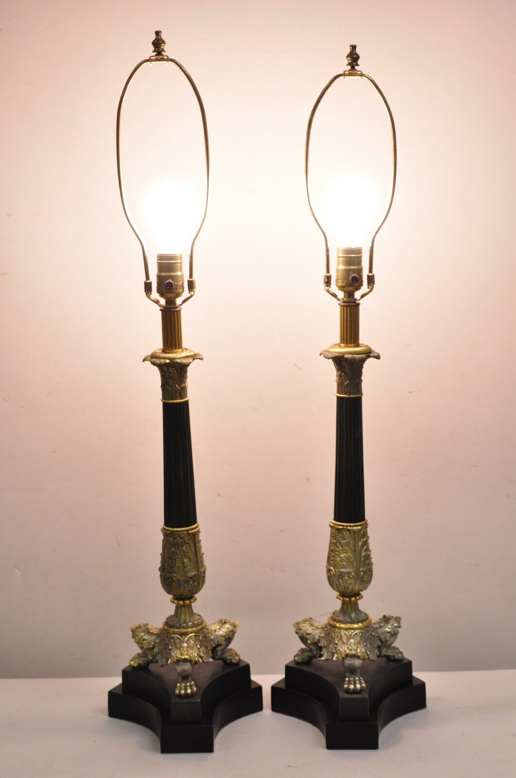 Vintage French Empire Silver & Gold Gilt Column Table Lamps w/ Paw Feet - a Pair