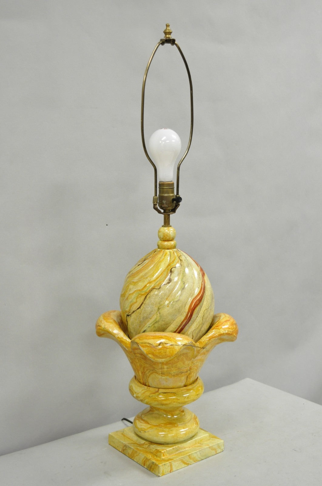 Vintage Hollywood Regency Faux Marble Orange Lacquered Wood Artichoke Table Lamp
