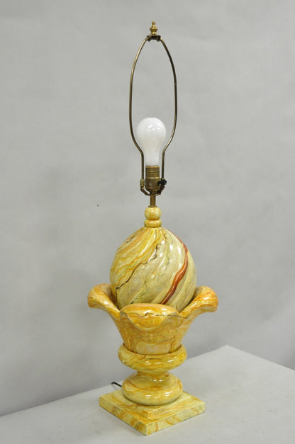 Vintage Hollywood Regency Faux Marble Orange Lacquered Wood Artichoke Table Lamp