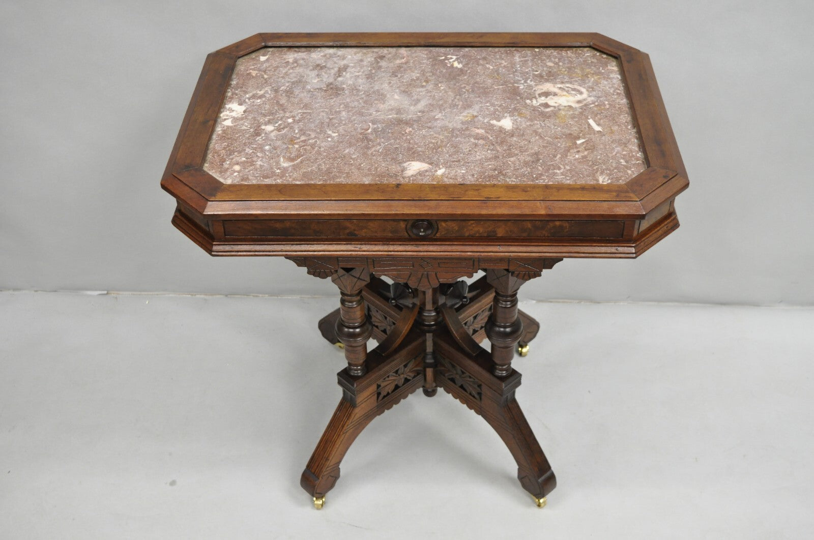 Antique Aesthetic Movement Victorian Carved Walnut Marble Top Parlor Side Table