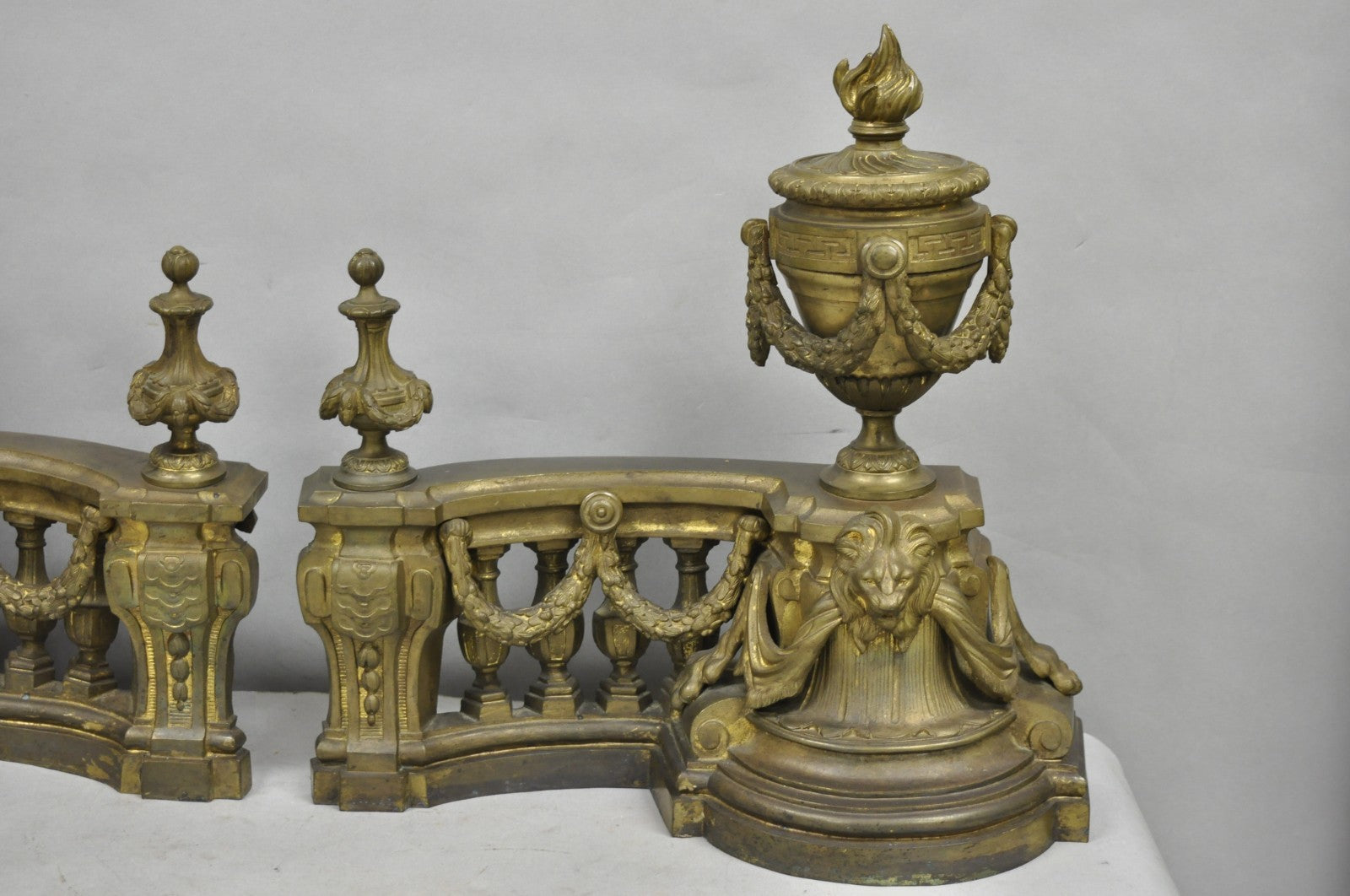 Antique French Empire Patinated Bronze Lion Flame Urn Chenet Andirons - a Pair