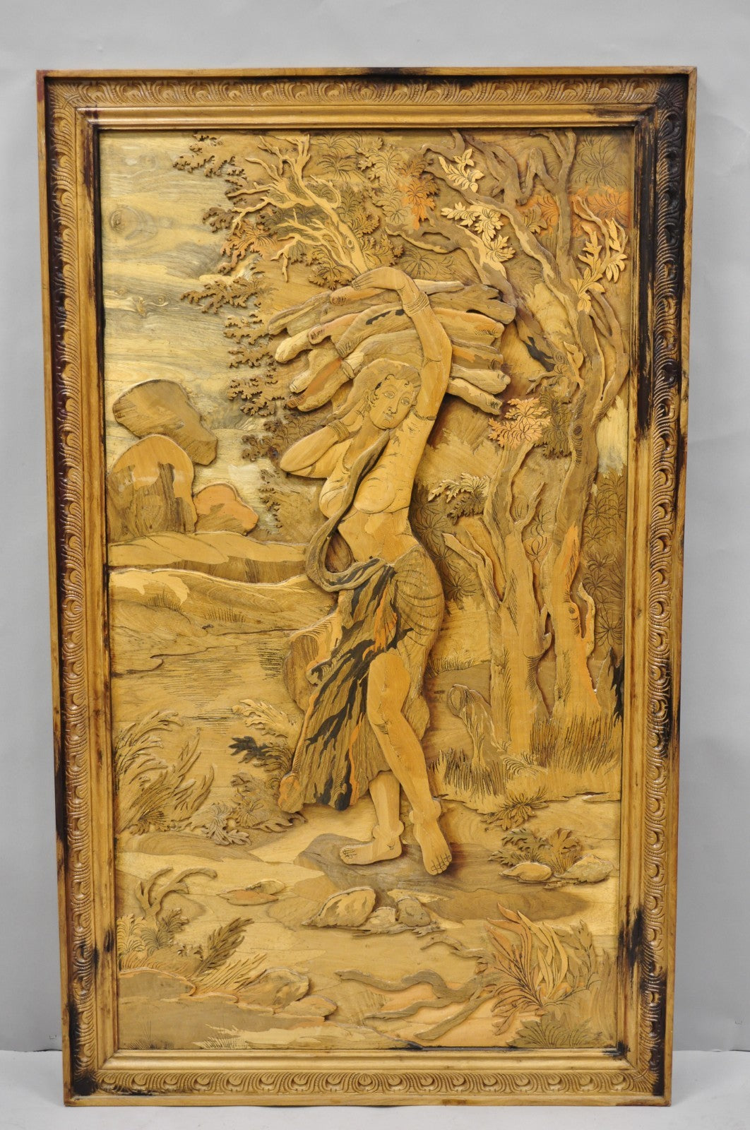 Vintage Large 60" Anglo Indian High Relief Carved Wood Thai Woman Art Plaque