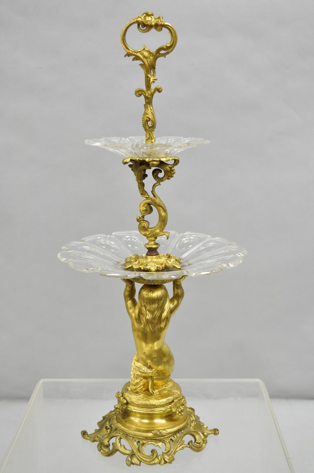 French Baroque Louis XV Gold Gilt Bronze Cherub & Glass 2 Tier Candy Dish Stand