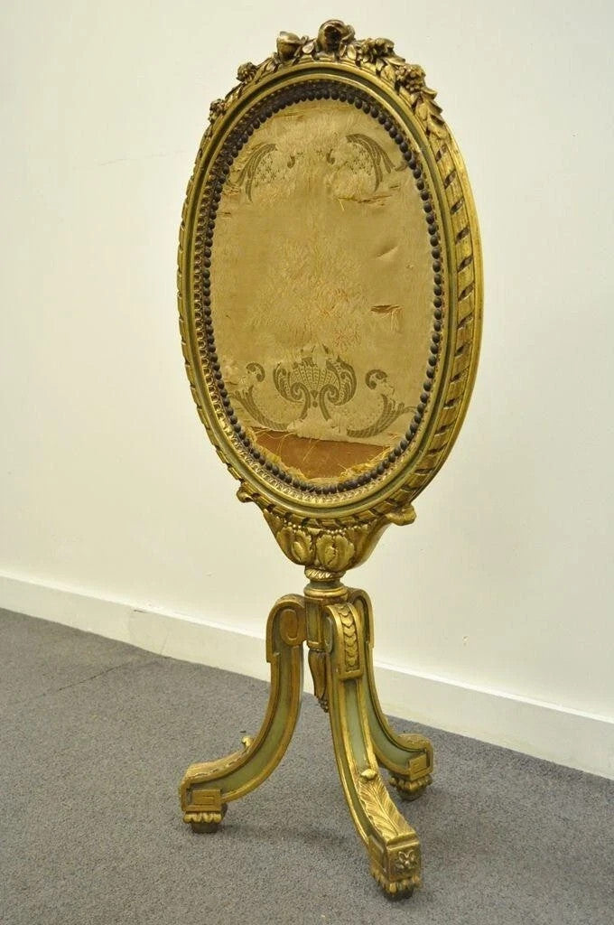 Antique French Louis XVI XV Carved Giltwood Green & Gold Oval Fireplace Screen