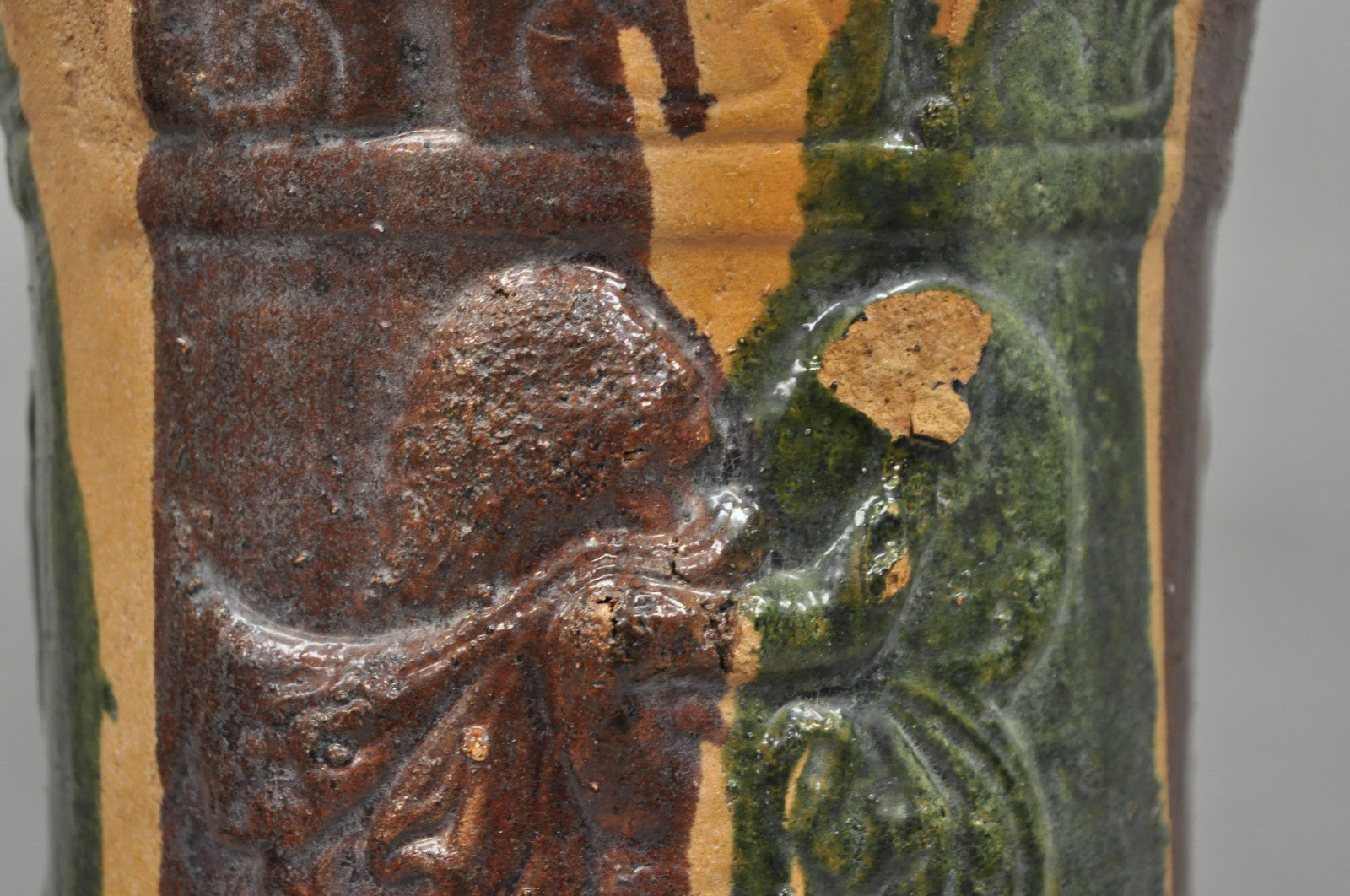 Antique Majolica Terracotta Red Green Drip Glaze Figural Plant Stand Pedestal