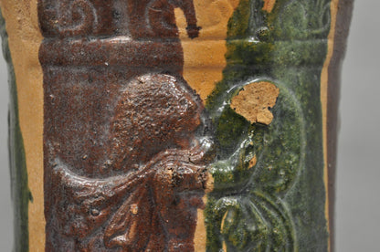 Antique Majolica Terracotta Red Green Drip Glaze Figural Plant Stand Pedestal