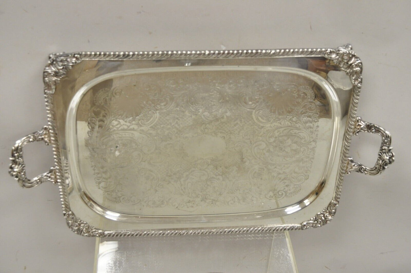 Ornate English Victorian Twin Handle Heavy Silver Plate Platter Tray