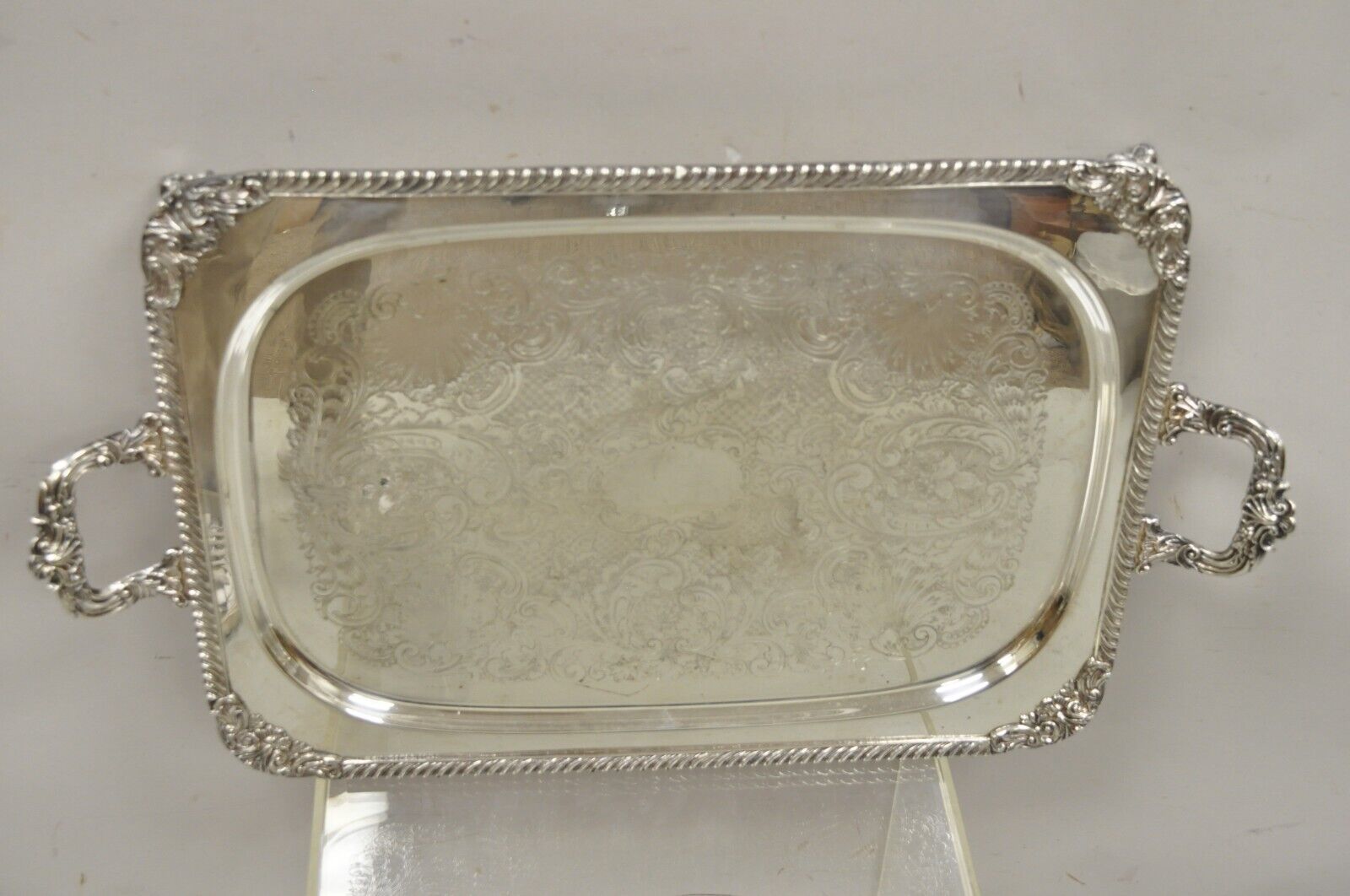 Ornate English Victorian Twin Handle Heavy Silver Plate Platter Tray