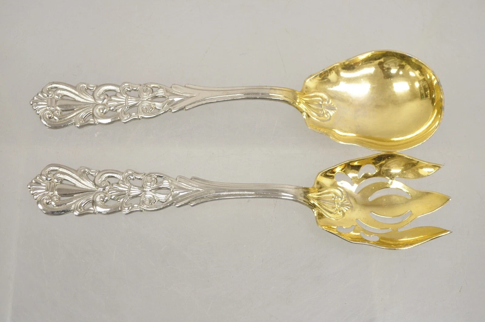 Vintage Italian Baroque Style EPNS Silver & Gold Plated Serving Spoon & Fork Set