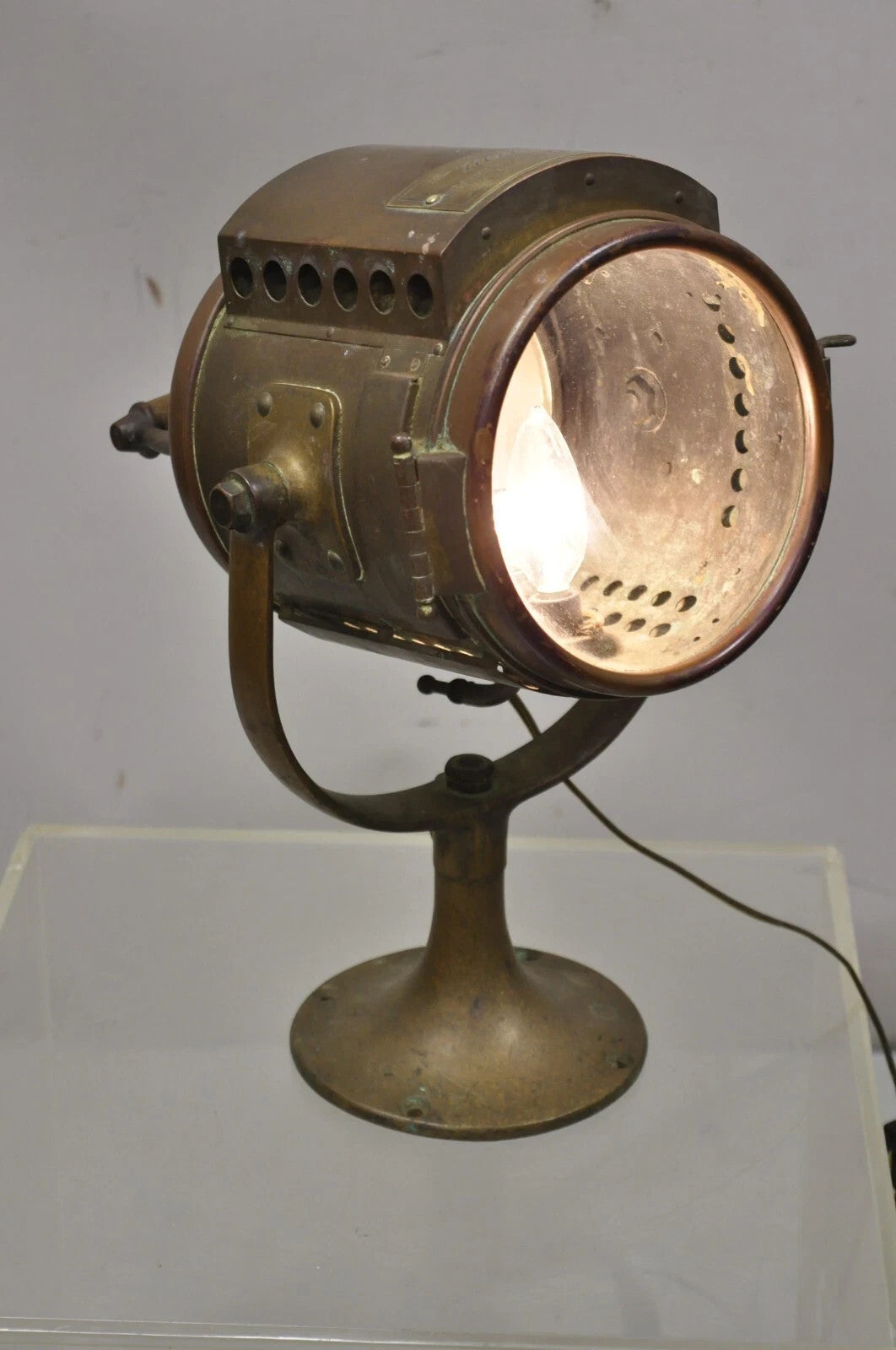 Antique "The Neverout" Searchlight Projector Brass Rose Mfg Maritime Table Lamp