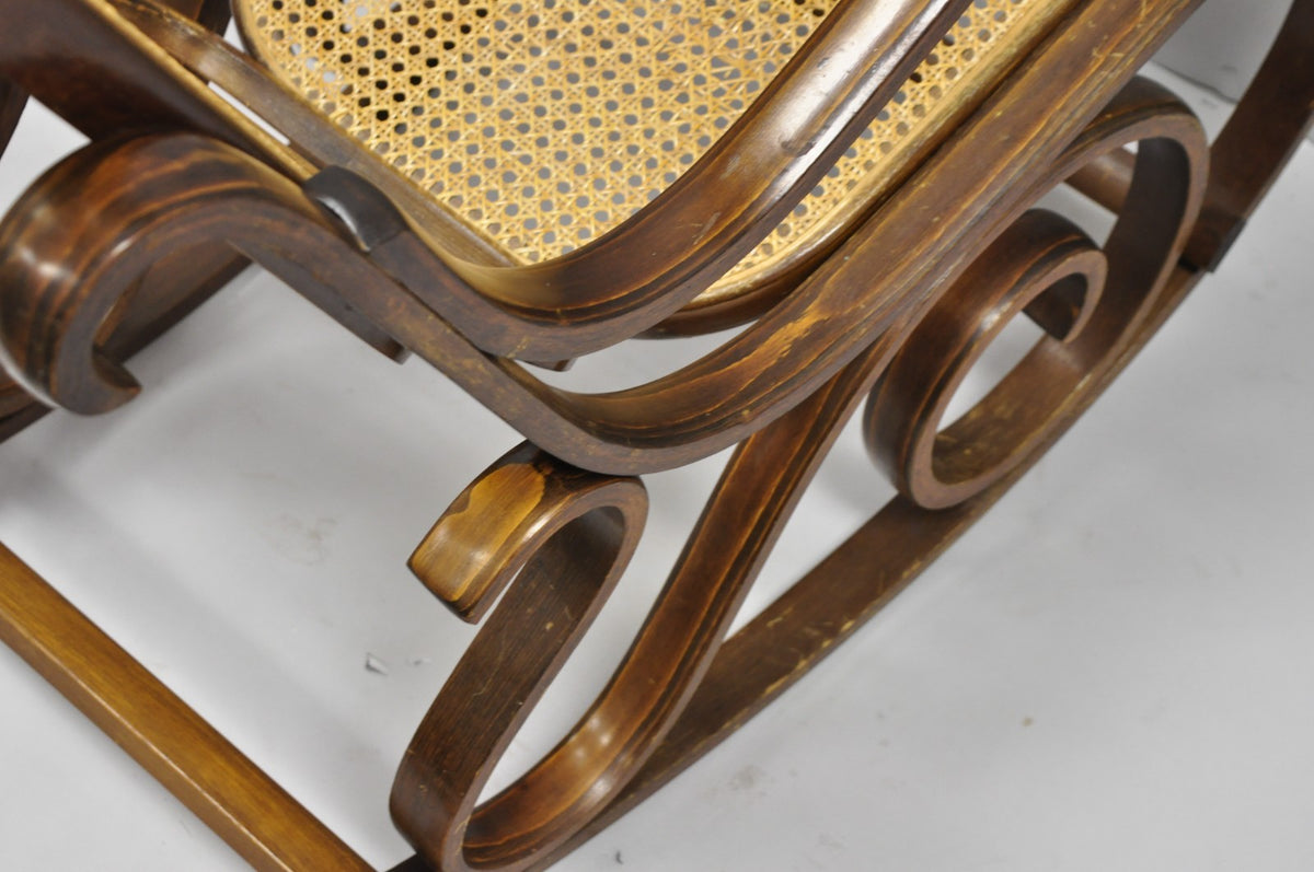 Vintage Mid Century Modern Thonet Style Bentwood & Cane Rocker Rocking Chair (C)
