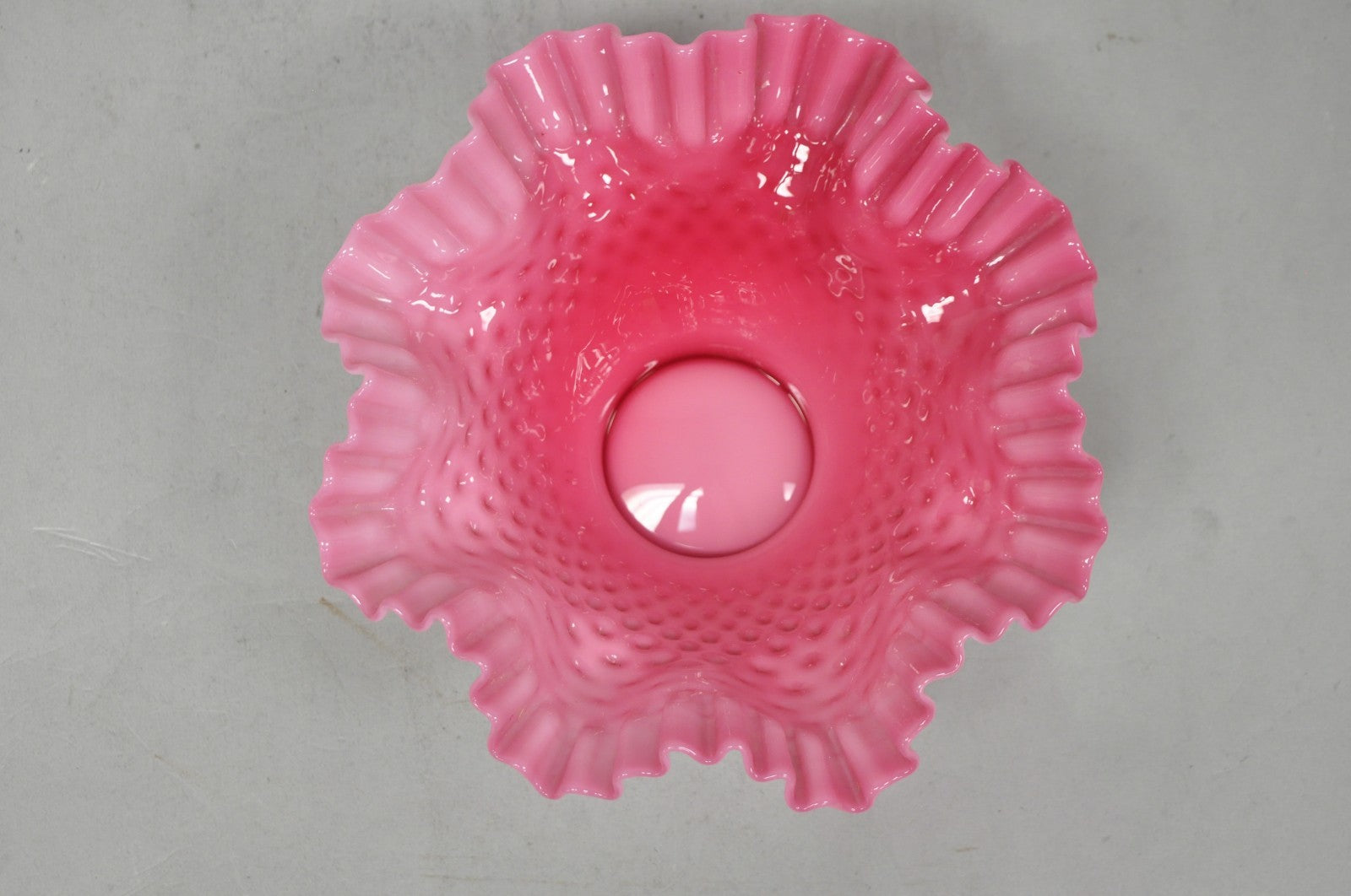 Vintage Pink & White Hobnail Cased Glass Candy Dish Ruffled Bowl Brides Basket